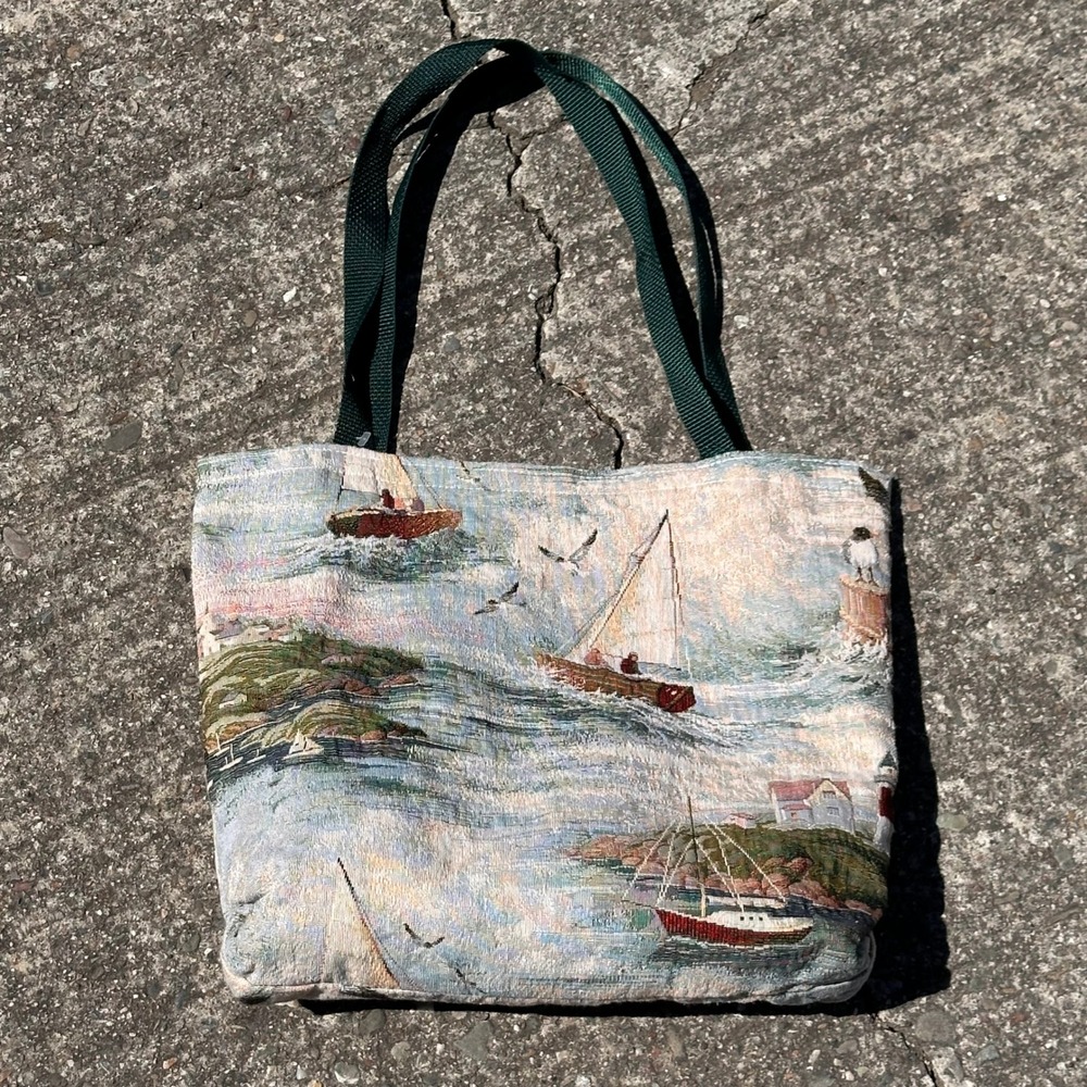 Vintage Nautical Woven Tapestry Tote Bag Sailboat Lighthouse Coastal Beach Towel